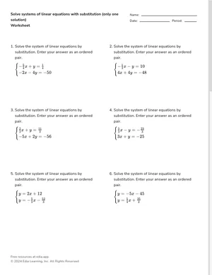 Solve systems of linear equations with substitution (only one solution) worksheet preview