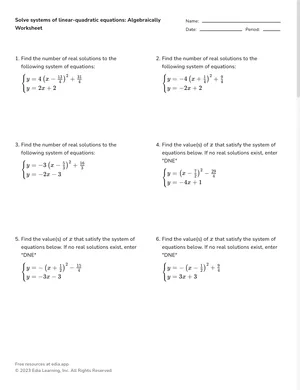 Solve systems of linear-quadratic equations algebraically worksheet preview