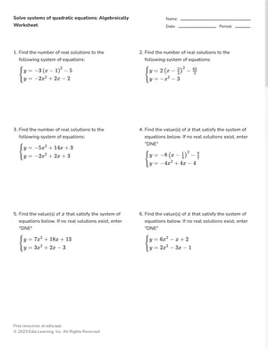 Solve systems of quadratic equations algebraically worksheet preview