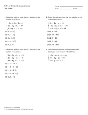 Solve systems with three variables worksheet preview