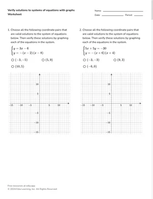 Verify solutions to systems of equations with graphs worksheet preview