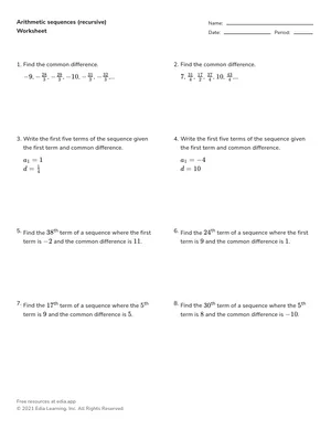 Arithmetic sequences (recursive) worksheet preview