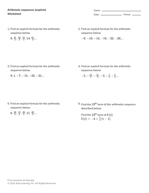 Arithmetic sequences (explicit) worksheet preview