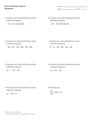 Sum of arithmetic sequence worksheet preview