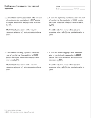 Building geometric sequences from a context worksheet preview