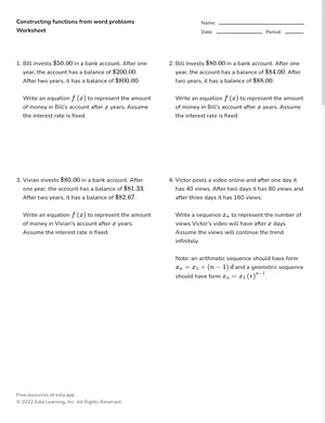 Constructing functions from word problems worksheet preview