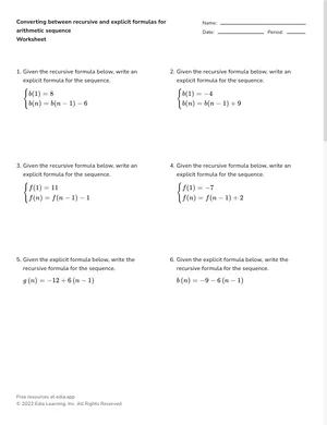Converting between recursive and explicit formulas for arithmetic sequence worksheet preview