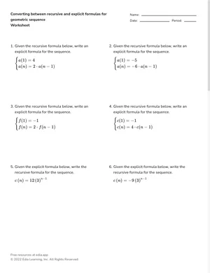 Converting between recursive and explicit formulas for geometric sequence worksheet preview