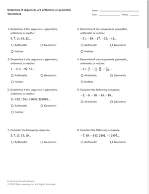 Determine if sequences are arithmetic or geometric worksheet preview