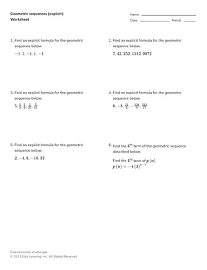 Geometric sequences (explicit) worksheet preview