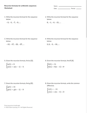 Recursive formulas for arithmetic sequences worksheet preview
