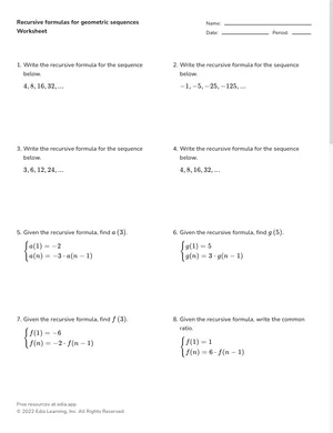 Recursive formulas for geometric sequences worksheet preview