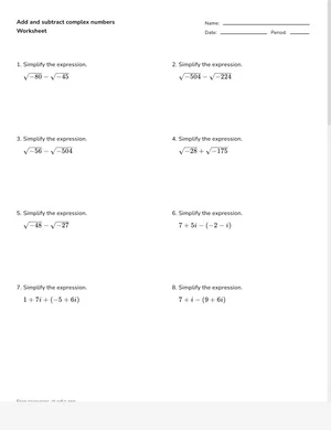 Add and subtract complex numbers worksheet preview