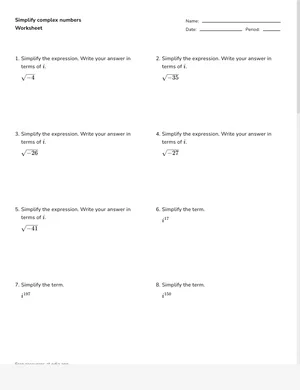 Simplify complex numbers worksheet preview
