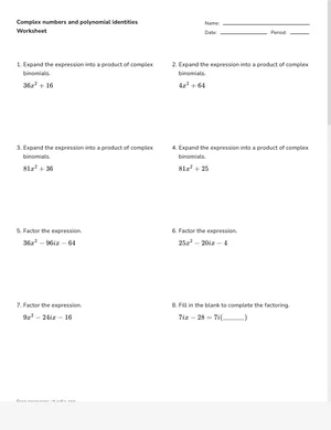 Use polynomial identities with complex numbers worksheet preview