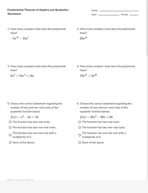 Use the Fundamental Theorem of Algebra and Quadratics worksheet preview