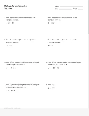 Find the modulus of a complex number worksheet preview
