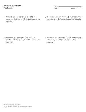 Identify properties and equations of parabolas worksheet preview
