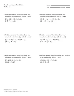 Domain and range of a relation worksheet preview