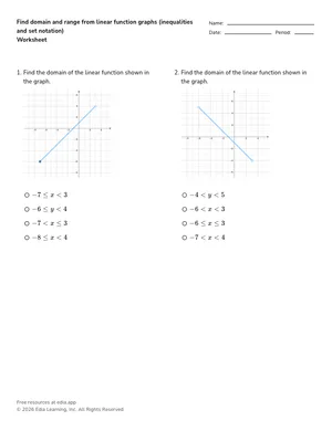 Find domain and range from linear function graphs (inequalities and set notation) worksheet preview
