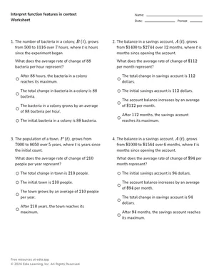 Interpret function features in context worksheet preview