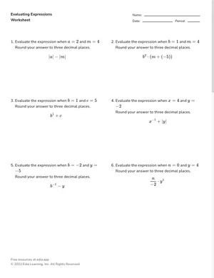 Evaluating Expressions worksheet preview