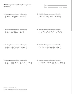 Multiply expressions with negative exponents worksheet preview
