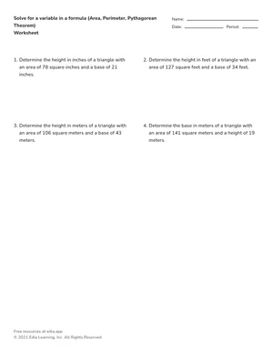 Solve for a variable in a formula (area, perimeter, Pythagorean theorem) worksheet preview
