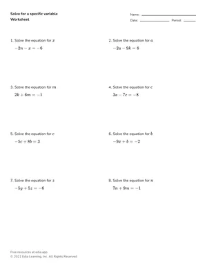 Solve for a specific variable worksheet preview