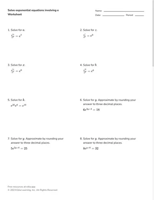 Solve exponential equations involving e on both sides worksheet preview