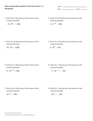 Solve exponential equations with a constant on one side worksheet preview