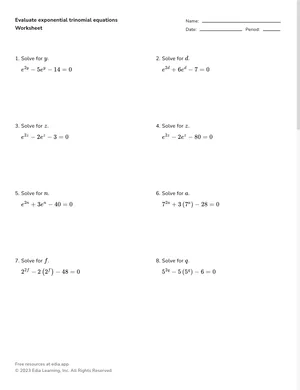 Evaluate exponential trinomial equations worksheet preview