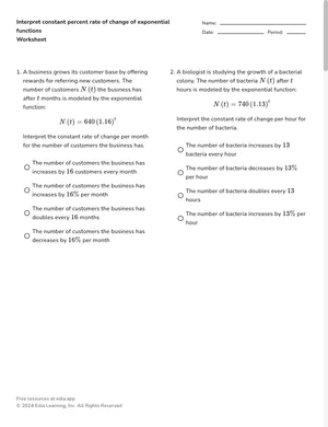 Interpret constant percent rate of change of exponential functions worksheet preview