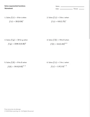 Solve exponential functions worksheet preview