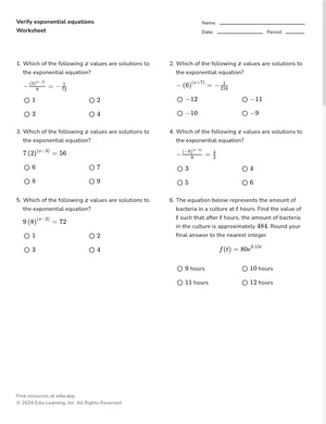 Verify exponential equations worksheet preview