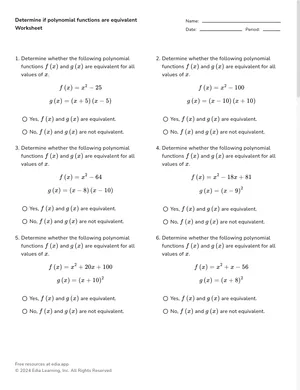 Determine if polynomial functions are equivalent worksheet preview