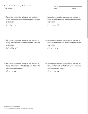 Factor trinomials using the box method worksheet preview