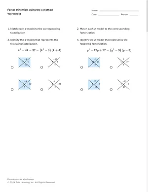 Factor trinomials using the x method worksheet preview