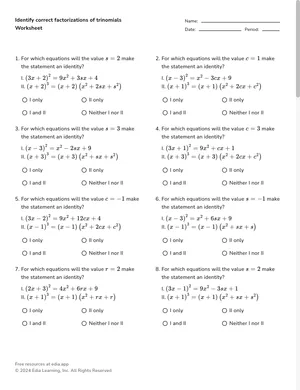Identify correct factorizations of trinomials worksheet preview