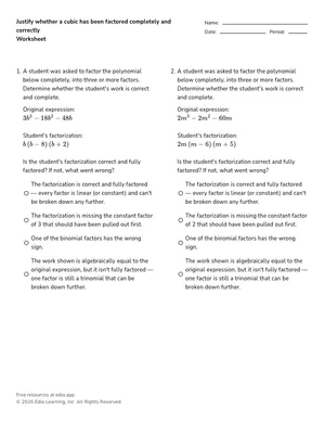 Justify whether a cubic has been factored completely and correctly worksheet preview