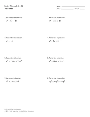 Factor trinomials (a = 1) worksheet preview