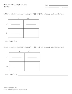 Use area models to multiply binomials worksheet preview