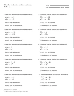 Determine whether two linear functions are inverses worksheet preview