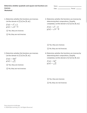 Determine whether quadratic and square root functions are inverses worksheet preview