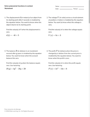 Solve polynomial functions in context worksheet preview