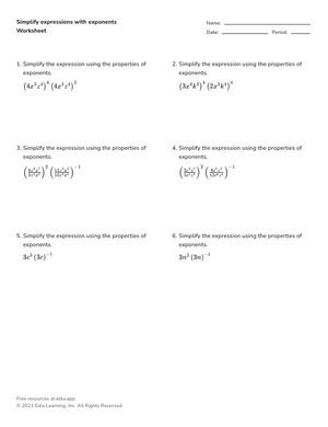 Simplify expressions with exponents worksheet preview