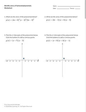 Identify zeros of factored polynomials worksheet preview