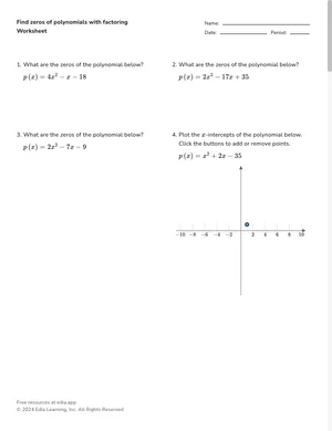 Find zeros of polynomials with factoring worksheet preview