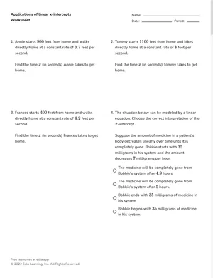 Applications of linear x-intercepts worksheet preview