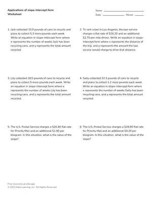 Applications of linear slopes and y-intercepts worksheet preview